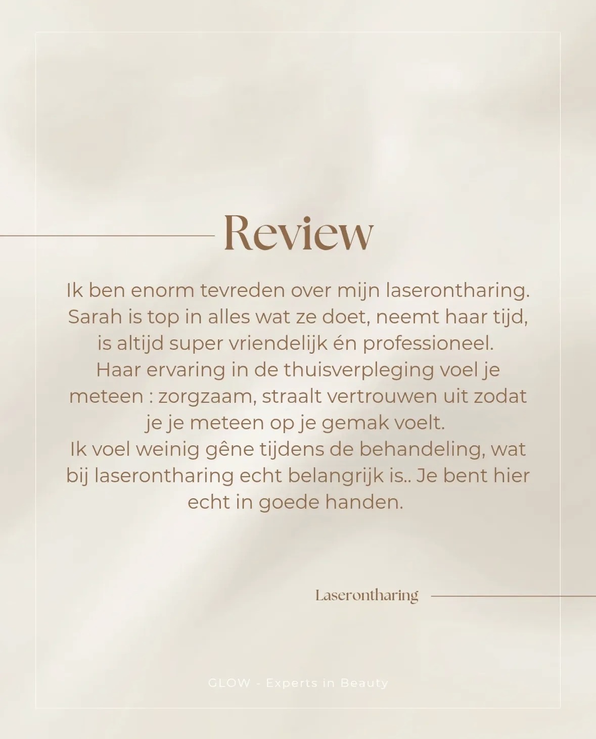 Instagrampost: review van een klant over haar laserontharing bij Glow